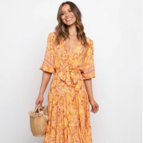 Petal & Pup Dresses & Skirts - Petal + Pup Zesty Orange Midi Dress L with Tie Waist and Flowy Skirt